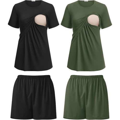 Ekouaer 2 Pack Women's Nursing Pajamas Set Double Layer Maternity Pjs Postpartum Loungewear Set Breastfeeding Tops & Shorts