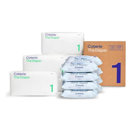 Coterie Baby Wipes + Diapers Kit, Size 1 Diapers (198 Count) & 8 Pack (448 Count) Baby Wipes with 99% Water, Plant Based Materials, Hypoallergenic for Sensitive Skin, Baby Essentials