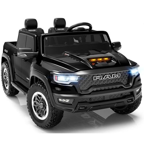 24V Ride on Toys for Big Kids, Licensed RAM 1500 RHO Electric Car for Kids w/Remote Control, Ride on Truck w/Bluetooth, LED Lights, Truck Bed Storage, Gear Shifter & Soft Start (Black)