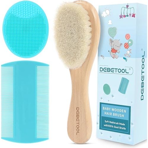 Cradle Cap Brush and Comb Set with Baby Hair Brush - 3-Piece Wooden Baby Brush Kit for Newborns and Infants