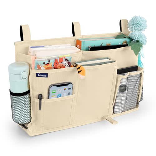 Surblue Bedside Caddy Hanging Organizer Storage Bag Pocket for Bunk, Hospital, College Dorm Rooms, Baby Bed Rails, Camp - 8 Pockets, Large, Beige