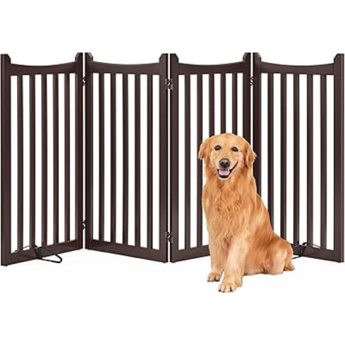Yaheetech 36" H Extra Tall Freestanding Pet Gate 4-Panel Wooden Dog Fence with 2 Support Feet Folding Dog Gate for Indoor, Stairs, Doorway, Halls, Kitchen Wooden Pet Barrier Espresso, 79.5" L x 36" H