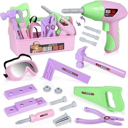 Kids Tool Set with Toy Drill and Tool Box, Pretend Play Construction Tools Toy Gifts for Toddlers Girls Kids Aged 3 4 5 6 7