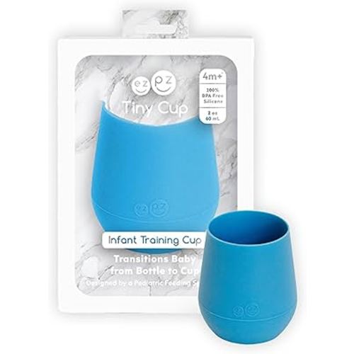 ezpz Tiny Cup (Blue) - 4 months+ - 100% Silicone Training Cup for Infants - Designed by a Pediatric Feeding Specialist - Baby-Led Weaning Essentials & Baby Gifts
