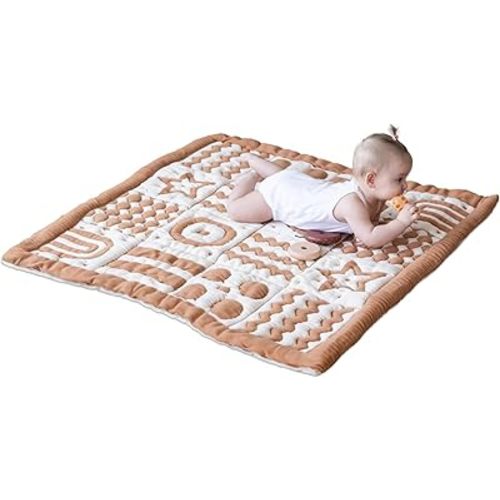 3D Soft Organic Cotton Crawling Blanket – GOTS Certified, 40x40 in Montessori Design for Motor Skill Development, Reversible, No Loose Threads – Washable & Sustainable