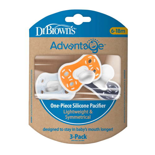 Dr. Brown's Advantage One-Piece Silicone Baby Pacifier, Fully Symmetrical Soother, Blue/Light Blue/Orange, 6-18m, BPA Free, 3 Pack