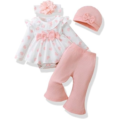 Renotemy Preemie Newborn Baby Girl Clothes Infant Romper Fall Winter Outfits Gifts for Girls Cute Bell Bottoms Pant Sets