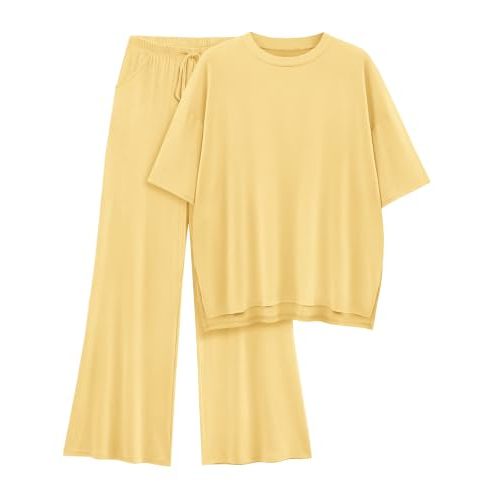 Womens Lounge Set 2026 Summer 2 Piece Outfits Oversized Short Sleeve Tops & Wide Leg Pant Matching Sets Clothing