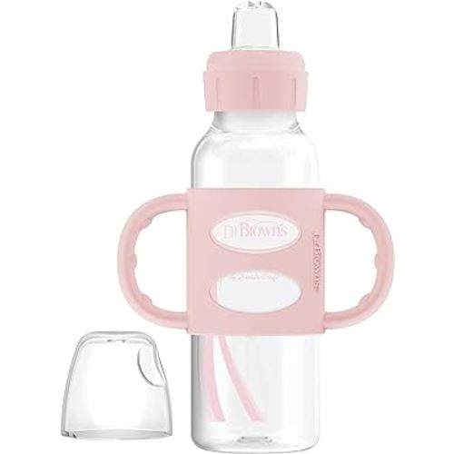 Dr. Brown's Milestones Narrow Sippy Spout Bottle with 100% Silicone Handles, Easy-Grip Handles with Soft Sippy Spout, 8oz/250mL, Light-Pink, 1-Pack, 6m+