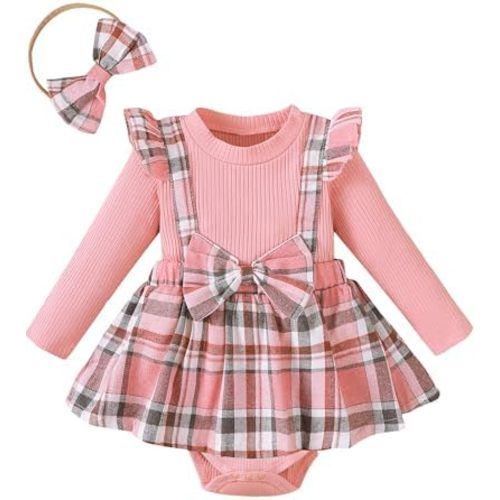 Baby Girl Clothes Sets: 2 Piece Long Sleeve Top Plaid Romper with Headband Fall Winter Outfit for Infant 0-24 Months