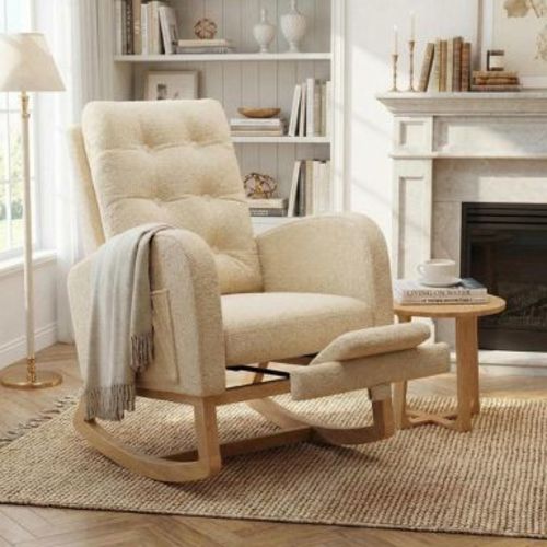 COZONY Modern Rocking Chair in Morandi colors, with Side Pocket, Linen Upholstered Glider Chair, 300 LBS Accent Rocker for Living Room & Nursery