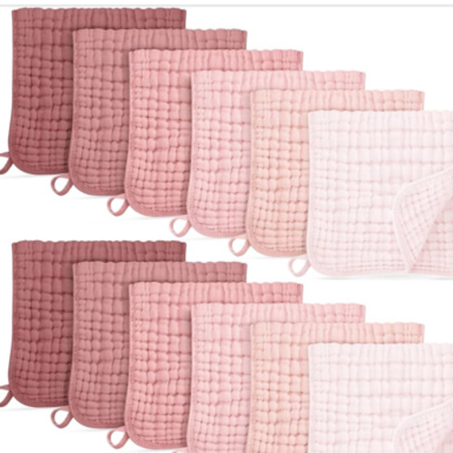 Muslin Burp Cloths for Baby 100% Cotton Burping Cloths for Boys Girls Large 20''X10'' Extra Soft and Absorbent 12 Pack - Gradient Pink
