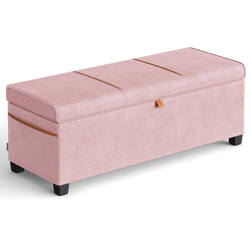 SONGMICS Storage Ottoman, 15.8 x 43.3 x 15.8 Inches, 27 Gal. (103 L) | Bench with Legs, Chenille Fabric, for Living Room, Entryway, Pink, RYEN Collection ULSF533R01
