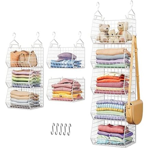 5 Tier Closet Hanging Organizer, Clothes Hanging Shelves with 4 Hanging Hooks 5 S Hooks, Wire Storage Basket Bins, for Clothing Sweaters Shoes Handbags Clutches Accessories Patent Design-White