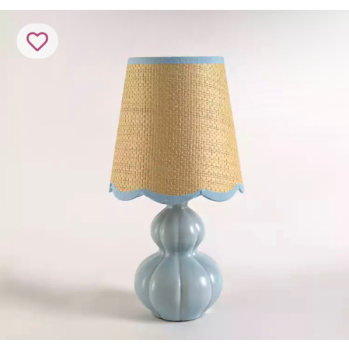 Blue Ceramic Mini Lamp with Scalloped Rattan Shade | Kirklands Home