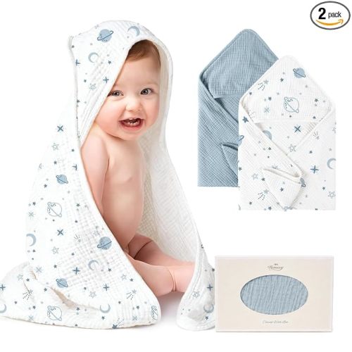 Konssy 2-Pack 100% Muslin Cotton Hooded Baby Bath Towels for Boys and Girls