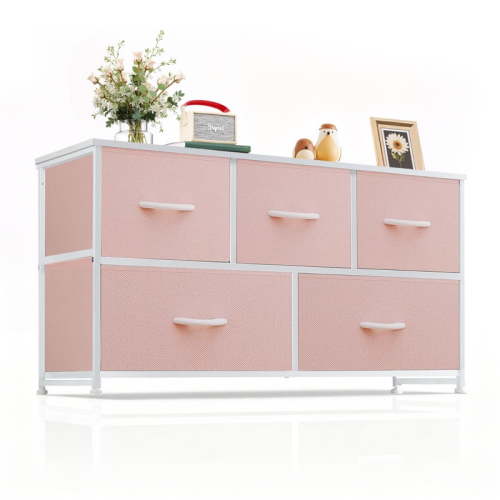 Simenmax 5 Dresser for Bedroom, 5 Storage Drawers, Wide Fabric Closet Chests Organizer Tower Furniture with Wooden Top Metal Frame for Clothes, Room, Living Room, Hallway, Entryway, Pink