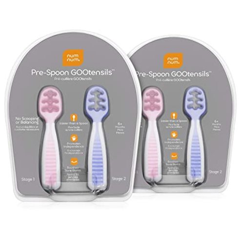 NumNum Pre-Spoon GOOtensils | Baby Spoon Set (First Stage + Second Stage) | BPA Free Silicone Self Feeding Baby + Toddler Utensil (Lilac/Rosebud 2-Pack) - Lilac/Rosebud 2-pack