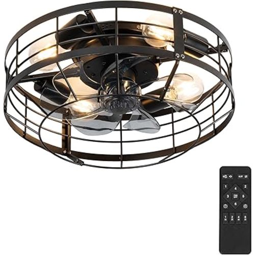 Caged Ceiling Fan with Light, 16 Inch Farmhouse Round Flush Mount Fan Lights Ceiling Fixtures, Need Assembly, 6 Speeds Reversible Motor Small Bladeless Ceiling Fans for Bedroom, Living Room