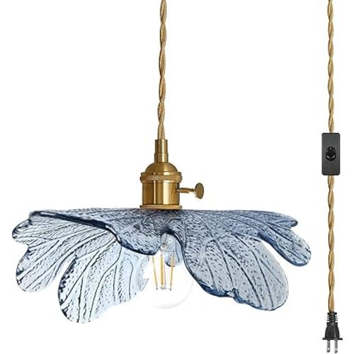 Plug in Pendant Light, Vintage Hanging Light with Plug in Cord On/Off Switch Brushed Brass Pendant Light fixtures with Blue Glass Shade 1-Light Hanging Light for Kitchen Dining Room Bedroom