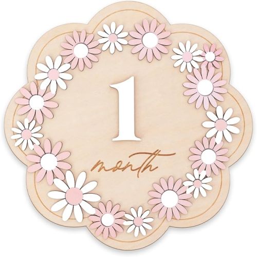 Daisy 3D Baby Monthly Milestone, Wooden Baby Milestone Signs, Monthly Milestone Wood Discs, Baby Milestone Discs (Flower)