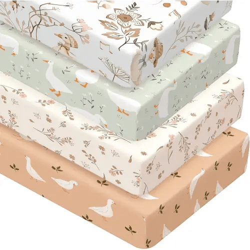 Peryiter 4 Pack Crib Sheets Girl Soft Baby Bed Sheet Set 52'' x 28" Nursery Crib Sheets for Standard Bed for Nursery Decor Baby Boys or Girls(Brown,Silly Goose)
