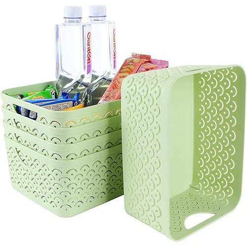 STARVAST 5 Pack Plastic Storage Baskets, Portable Green Fish Scale Pattern Hollow Desktop Storage Bin Box with Handle for Kitchen, Bathroom, Kids Room or Nursery Storage – 9.4 x 7.1 x 4.1 inches
