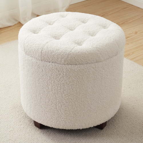 Ornavo Home Donovan Round Tufted Linen Storage Ottoman Foot Rest Stool Seat with Removable Lid - White