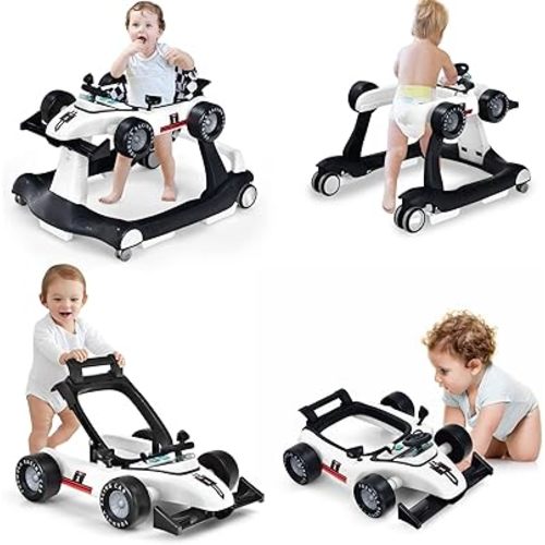 HONEY JOY 4-in-1 Baby Walker, Activity Push Walker w/3 Adjustable Heights, Smooth Wheels w/Adjustable Speed, Padded Seat, Music & Light, Foldable Car Walker for Baby Boys Girls Age 6 Months+ (White)