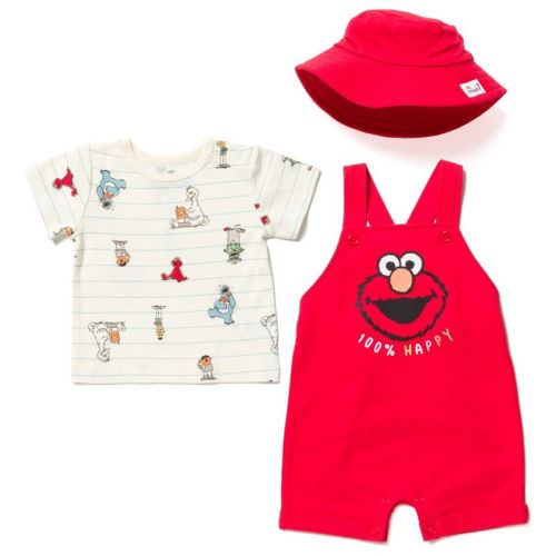Sesame Street Elmo Newborn Baby Boys French Terry Short Overalls T-Shirt and Hat 3 Piece Outfit Set Red / White 0-3 Months