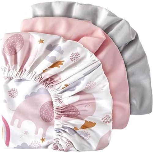 TILLYOU Baby Bassinet Sheets for Girls Boys, Fit for Hourglass Oval Rectangle Bassinet Mattress Sheets, 33”X16”, 3 Pack Rainbow Elephant