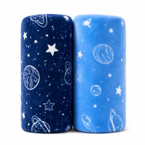 2 Pack Baby Blanket for Boys and Girls, 30 x 40 Inch Soft Minky Flannel Fleece Receiving Blankets, Blue Space Planet Star Newborn Stroller Crib Blankets, Baby Boy Girl Essentials