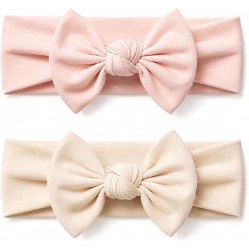 Baby Girl Headbands-Infant,Toddler Cotton Handmade Hairbands with Bows Child Hair Accessories (2, Powder Pink- Light Beige, 3-36 Month)