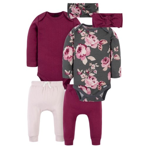 Modern Moments by Gerber Baby Girl Long Sleeve Bodysuit & Pant Outfit Sets, 6-Piece (Newborn-12 Months) - Modern Moments by Gerber Baby Girl Long Sleeve Bodysuit & Pant Outfit Sets, 6-Piece (Newborn-12 Months)