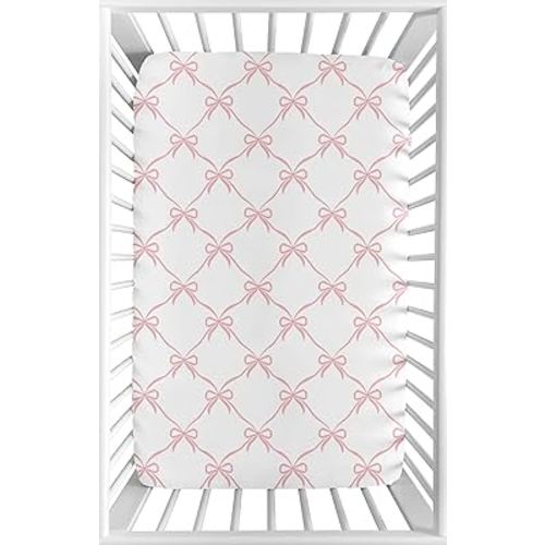 Sweet Jojo Designs Baby Fitted Mini Crib Sheet (Pink Bows) for Girls, Newborn/Infant Nursery, Play Yards, Portable Cribs (Blush Bow for The Ballerina Dancer, Princess, Ballet Collection)