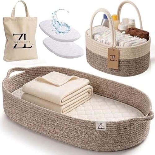 ZEAL'N LIFE Baby Changing Basket Set, Luxurious Moses Basket for Newborns with Waterproof & Portable Changing Pad for Dresser, Caddy for Baby Stuff, Baby Blanket & Tote Bag, New Baby Gift Basket
