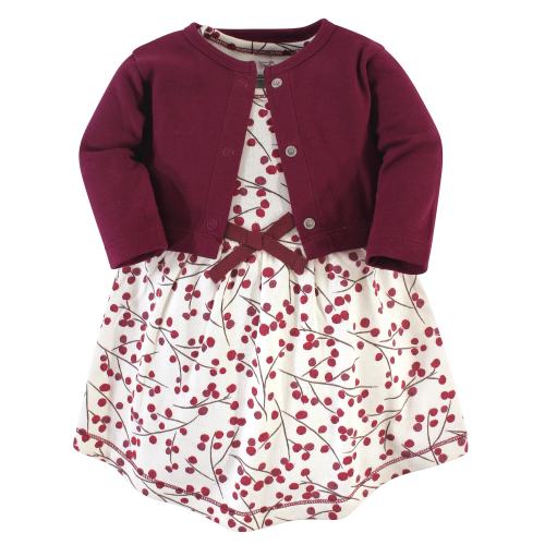 Touched by Nature Baby and Baby Girl Organic Cotton Dress and Cardigan 2pc Set, Berry Branch