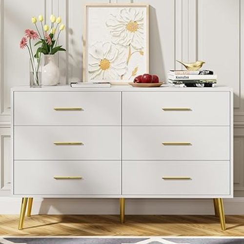 LYNSOM White 6 Drawer Dresser for Bedroom with Gold Handles, Modern Chest of Drawers, Wooden Dressers Organizer for TV Stand,Living Room, Hallway, Entryway