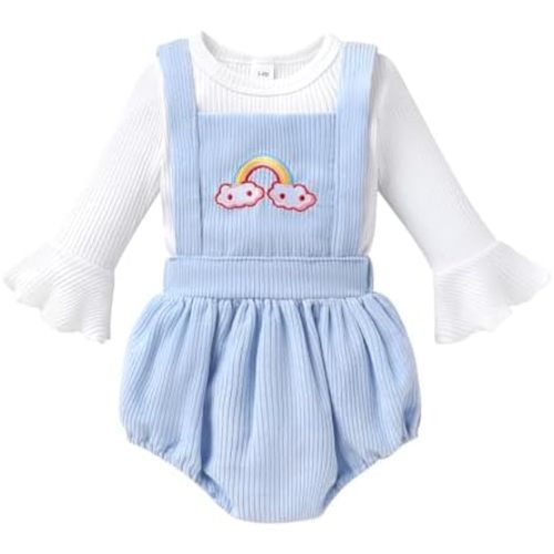 Tiny Cutey Newborn Baby Girl Clothes Bell Sleeve Romper and Corduroy Overalls Shorts Infant Girl Fall Outfits