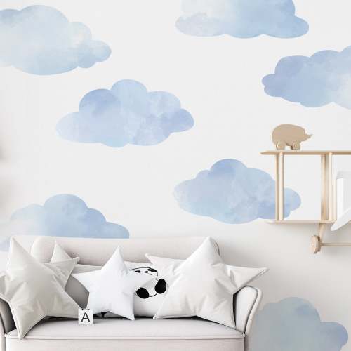 Large Blue Watercolor Cloud Wall Decals, Clouds Wall Stickers, Nursery Wall Decals, Peel and Stick Fabric Removable Wall Stickers, Col.2