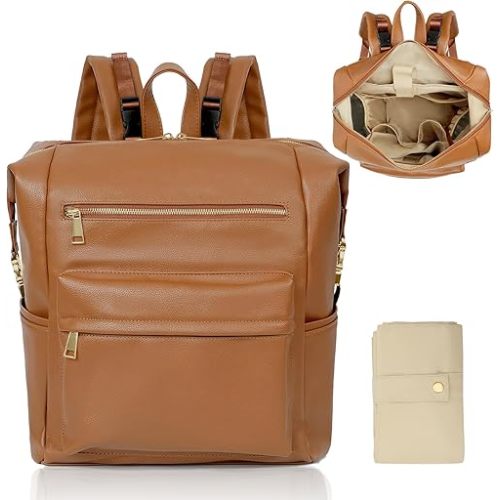 Diaper Bag Backpack Leather Backpack with 17 Pockets Travel Baby Diaper Bag,4 Insulated Pockets,Stroller Straps,Changing Pad,Brown