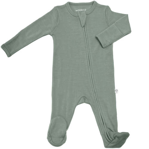 Footie Pajamas, Merino Wool, Sage 6-9 Months