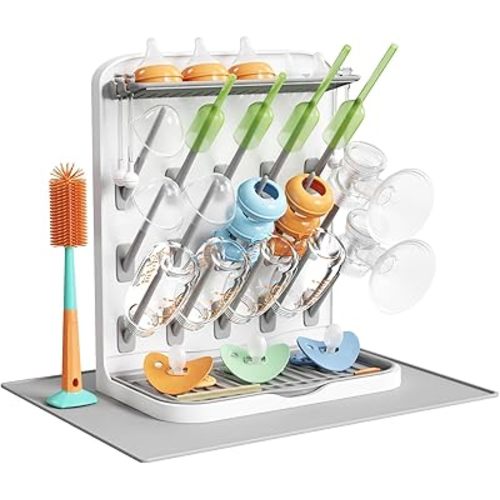 Lifewit Large Baby Bottle Drying Rack for 15 Bottles with Mat, Removable Pacifiers Box, Drip Tray, Vertical Rack for Weighted Straws, Pump Parts & Accessories, BPA-Free, Easy Assembly, White & Gray