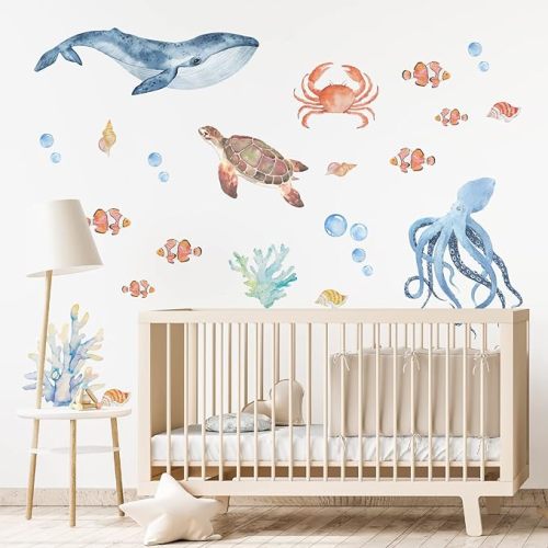 funlife Watercolor Wall Decals Peel and Stick, Ocean Animals Wall Stickers, Under The Sea Wall Decal Stickers for Kids Room Bedroom Playroom Nursery Room, Sea Animals 1