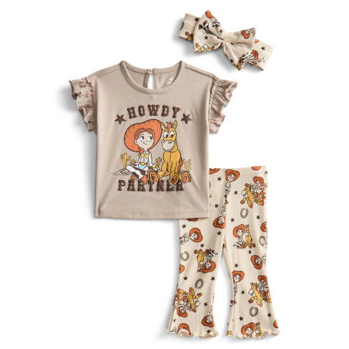Toy Story Jessie Baby Girls Ruffle Graphic Top and Flare Leggings with Bow Headband Set, 3-Piece, Sizes 0/3M-24M