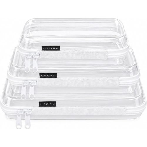 UFORU 3 Pack Clear Hard Shell Zipper Case, Heavy Duty Waterproof Clear Zipper Pouches, Travel Makeup Organizer & Toiletry Bag, Diaper Bag Organizer Pouches for Toys, Tech & Art Supplies, SML