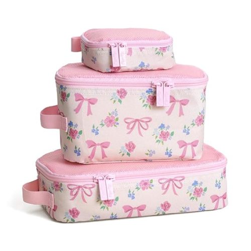 Itzy Ritzy Packing Cubes for Travel – Set of 3 Packing Cubes or Travel Organizers - Each Cube Features a Mesh Top, Double Zippers and a Fabric Handle (Ribbons & Roses)