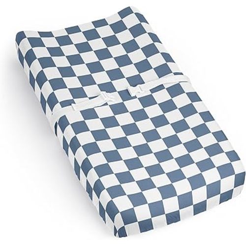 Sweet Jojo Designs Baby Changing Pad Cover Sheet (Blue Gingham Checkered Plaid) for Boys, Infant/Newborn Diaper Change Table Mat Covers (Vintage, Classic, Checkerboard, Geometric, Minimalist, Retro)