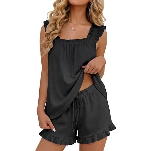 OUGES 100% Cotton Pajamas for Women 2 Piece Ruffle Tank Top and Shorts Cute Bridal Pjs Soft Sleepwear Lounge Set with Pockets