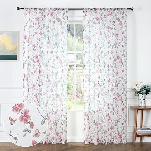 Tollpiz Sheer Floral Curtains Pink Flower Butterfly Printed Living Room Curtain Rod Pocket Voile Faux Linen Window Curtains for Bedroom, 54 x 72 inches Long, Set of 2 Panels